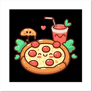 Pepperoni Pizza and Strawberry Drink in Kawaii Style | Kawaii Pizza Party | Pizza and Chill Posters and Art